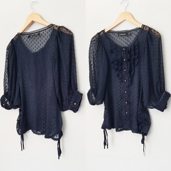 La Chapelle Navy Blue Sheer Chiffon Ruffle Batwing Blouse Top Romantic Coquette - Picture 15 of 15